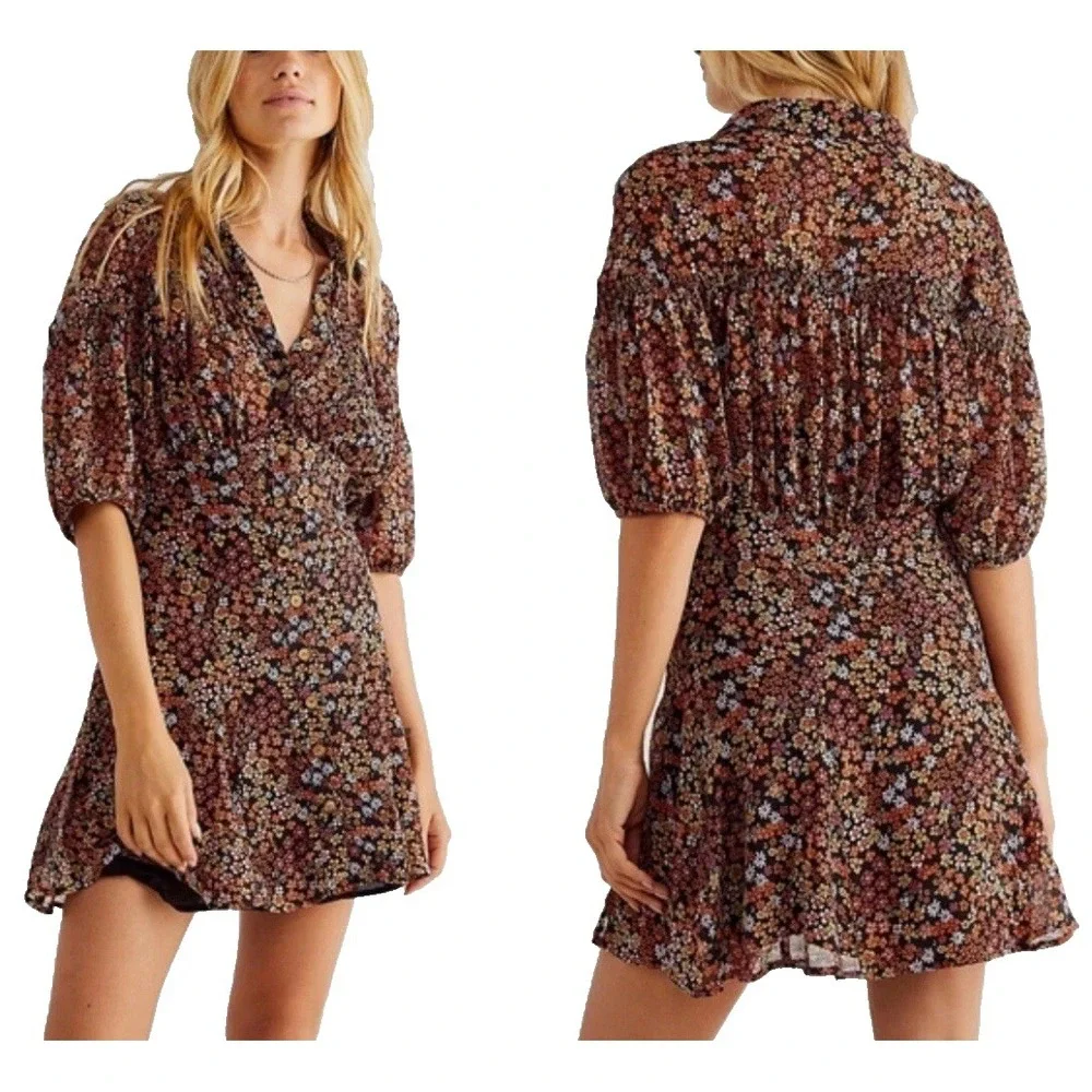 Free People Floral Mini Dress Button Front Puff Sleeve Ditsy Print Brown Multi